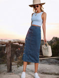 Side Slit Buttoned Denim Midi Skir-Outfit