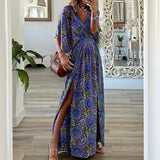 Fongt 2023 New Fashion V-Neck Short-Sleeved Loose Bohemian Side Slit Dress Print Dress-Outfit