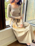 New Round Collar Bottom Dress Long Sleeves Thin Korean Knitted Dress Medium Long European Knitted
