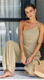 Fongt / Summer 2023 New Solid Color Loose Wide-Leg Cotton Linen Jumpsuit 22105-Outfit