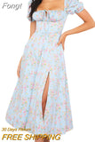 Women Slit Dress, Floral Printed Pattern Square Collar Short Sleeve Backless Long Dresses