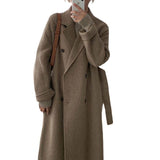 Fongt Chic Autumn And Winter Simple Temperament Collar Double Buckle Strap Loose Long-Term Warm Coat Coat