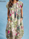 ZANZEA Summer Woman Vintage Dress Bohemian Floral Printed Holiday Casual Robe Vestidos O-Neck Short Sleeve Knee-length