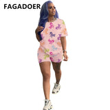 Women Pink Outfits Summer 2022 Sweatsuit Graffiti Two Piece Sets Short Sleeve T Shirt + Biker Shorts Casual