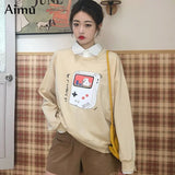 oversized Hoodie women's cartoon printed thin Sweatshirt loose fashion turn-down collar women Fake Two-Piece