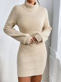 Fongt Women's Sweater Dress Stylish Simple Thin Knitted High-Necked Solid-Colored Knitted Dress