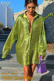 Blouses Long Sleeve Top Sequin Shirts Women Y2K Solid Shirt Autumn Winter 2023 Chic Streetwear Green V Neck