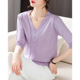 Fongt New Small Fragrant Wind V-Neck Pearl Button Ice Silk Sweater Age Reduction Show Thin Gentle Temperament Jacket-Outfit