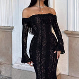 Fongt Shoulder Horn Sleeve Long Bag Hip Dress Gentle Elegant Temperament Boobs Waist Tugtail Dress