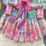 Fongt Spring Dress Women's New Dress Elegant Collar Lantern Sleeves To Close The Waist Print Lotus Leaf Side Skirt