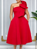 Fongt Large-Size Women's Summer New Fashion Slanted Shoulder Bow Banquet Dress African Dress