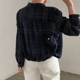 Vintage Plaid Print Crop Long Sleeve Blouse-Outfit