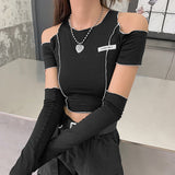 Fongt Women's 2023 New Fashion Logo Slim Round Neck Off-The-Shoulder Short T-Shirt Women-Outfit