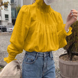 Fashion Ruffle Turtleneck Blouse Women 2022 OL Spring Pleated Puff Sleeve Shirts Casual Female Solid Tops