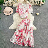 Fongt High-End Lace-Print Temperament Single-Drace Buckle Round-Neck Short-Sleeved Top Two Sets Of High-Rise Slimming Skirt