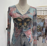 Real Shooting Amount Of Bumpy Tulle Spliced Denim Butterfly Design Sunscreen Coat V Collar Short T-Shirt