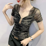 Folds Diamonds T-shirt Casual Gauze Spliced Female Clothing Sequined Slim Sexy V-Neck Summer Letter Printed Pullovers-Outfit