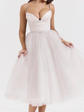 Sweetheart Neckline Strap Tulle Frill Midi Dress-Outfit