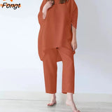 Women's Loose Casual Home Commuting Cotton Linen Short Sleeve T-shirt Loose Pants Two Piece Set Linen Set for