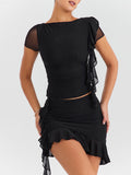 Mesh Ruffle Short Sleeve Top And Mini Skirt Set-Outfit