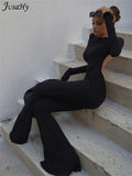 Summer Y2K Solid Black Basic Bodysuit for Women Fashion Long Sleeves Halter Backless Flare Pants Simple Casual