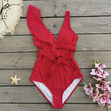 Solid Color Heavy Industry Pressure Line Lotus Edge Rope Belt Banding Swimsuit Women 2025 New