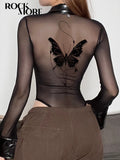 PU Patchwork Bodysuit Mesh Butterfly Print Moto Biker Style Long Sleeve Body Tops Women Goth Punk Techwear Jumpsuit-Outfit