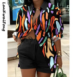 Spring Summer Fashion Printing Two Piece Set Women Casual Button Shirt Drawstring Short Sleeve Two Piece Set Women-Outfit
