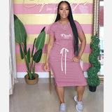 2022 New Drawstring Design Dress Women PINK Letter Print Short Sleeve Midi Dresses Casual Comfortable Vestidos
