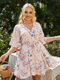 flare sleeve plus size print summer mini