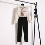 Women Autumn Long Sleeve Blouse And Black Long Pants Sets Office Ladies Elegant Bow Collar Two Pieces Set For Women