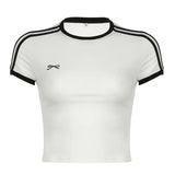 Basic Color Stripes Stitching Embroidery Small Bows Slim Round Neck Short-Sleeved T-Shirts New Fashion-Outfit