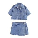 Fongt For Women's Clothing INS Burst Short-Edover Collar Denim Shirt + Skirts