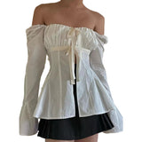 Fongt Shirt Women's Slim Pleated Strap Set Horn Long Sleeve Top Y2K-Outfit
