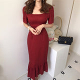 2021 Women Spring Summer Square Collar Dress Cotton Linen Elegant Lace Up