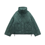 Fongt Style Women's Pocket Decoration Loose Long Sleeve Standing Collar Diamond Thin Cotton Jacket Jacket Women's Style-Outfit