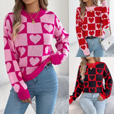 Fongt Autumn And Winter Lattice Love Lantern Sleeve Sweater Valentine's Day Women's Clothing