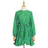 Elegant Print Women Dress O Neck Lantern Long Sleeve High Waist Lace Up Bow Ruffles Mini Dresses For Female