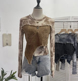 Vintage Dye Mesh Spliced Denim Shoulder Long-Sleeved T-Shirt T-Shirt T-Shirt Dress