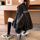 Fongt Sense Sequins Lazy Style Korean Version Denim Jacket Female Autumn 2024 New Style Loose Short Versatile Jacket-Outfit