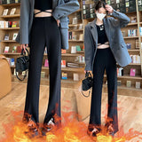 Black Slit Micro La Suit Pants Children Autumn And Winter High Waist Hanging Feeling Narrow Version Wide Leg Pants Small Casual Bell Bottoms-Outfit