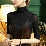High Stretch Mesh T-Shirts Tees Female Half Sleeve Turtleneck Tshirt Women Autumn Top Simple Undershirts-Outfit