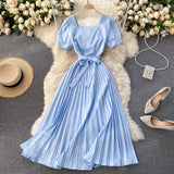 Retro Solid Color Temperament French Collar Hepburn Style Short-Sleeved Waist Show Thin Pleated Dress Large Skirt-Outfit