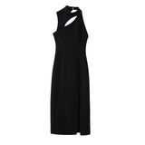 New Open Design Crepe Asymmetrical Medium Length Dress 2452536-Outfit