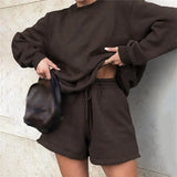 Solid Women Shorts Set Loose Casual Sweatshirt Fleece Pullover And Drawstring Shorts Suit Two Pieces Set Thick