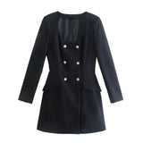 New Women Retro Elegant Square Neck Suit Dress Long Sleeve Dress Office Casual Dresses Spring Autumn Slim Mini