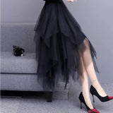 Fashion Mesh Irregular Cupcake Patchwork Midi Skirt 2023 Korean Casual Commute All-match Elastic High Waist A-Line Skirt-Outfit