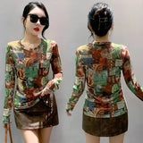 S-3XL New Vague Printing Mesh T-shirt Women's Round Neck Long Sleeve High Stretch Light Fabric Tees Tops-Outfit