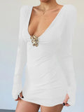 Deep V-neck Long Sleeve Bodycon Gold Applique Mini Dress-Outfit