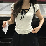 Flower Printing Lace-Up Bubble Bubble Short-Sleeved Knitted T-Shirt Slim, Hanging Neck, Sweet Blouse-Outfit